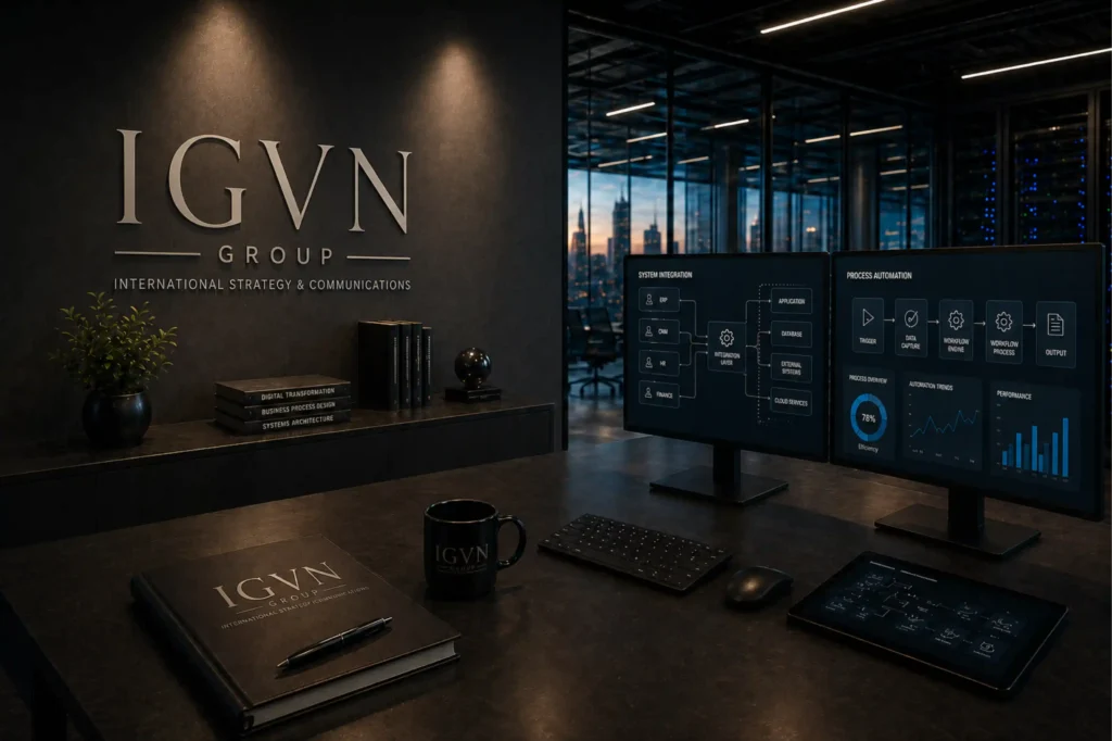 IGVN Group – International Strategy & Communications Modernes Premium-Büro mit digitaler Infrastruktur, mehreren Monitoren und elegant integriertem IGVN-Branding in dunkler Corporate-Ästhetik.