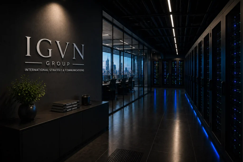 IGVN Group – Secure Digital Infrastructure Modernes High-End-Rechenzentrum mit integriertem IGVN-Branding, Glasbüros und beleuchteten Serverracks in futuristischer Unternehmensumgebung.