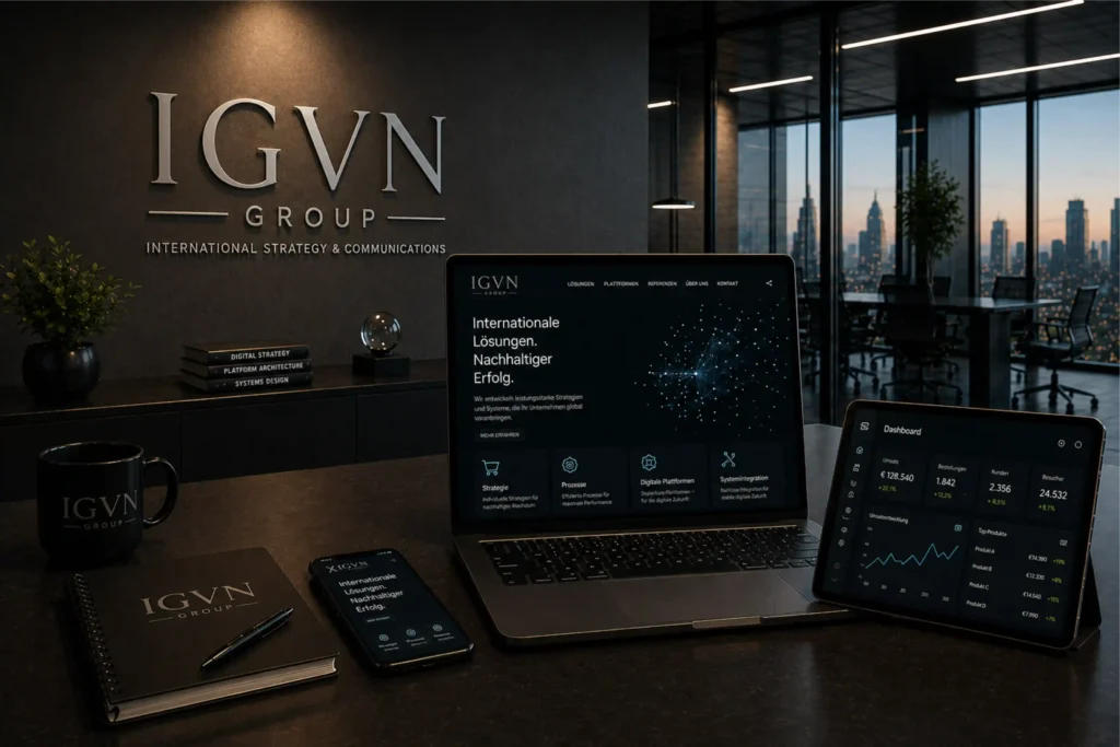 IGVN Group – Digitale Plattformen & Systemintegration Modernes Premium-Büro mit integriertem IGVN-Branding, digitalen Plattformen und vernetzten Business-Systemen auf mehreren Geräten.