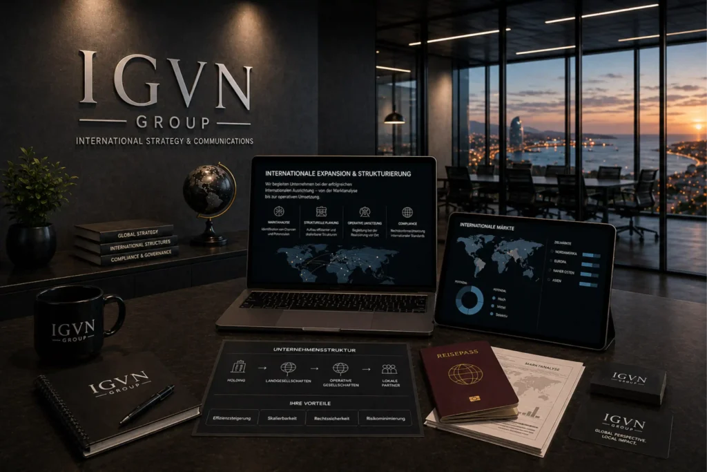 IGVN Group – Internationale Expansion & Strukturierung Modernes internationales Business-Office mit integriertem IGVN-Branding, globalen Marktanalysen und digitalen Strategietools in hochwertiger Unternehmensumgebung.