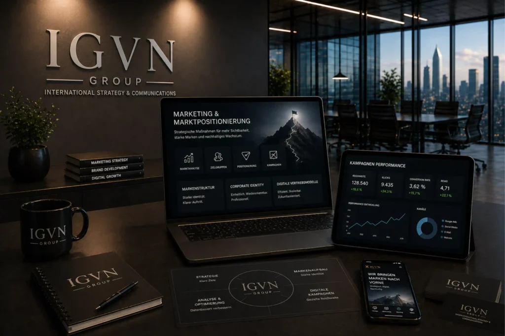IGVN Group – Marketing & Marktpositionierung Moderne Marketing- und Strategieberatungsumgebung mit integriertem IGVN-Branding, digitalen Analyseplattformen und hochwertigem Corporate-Design.