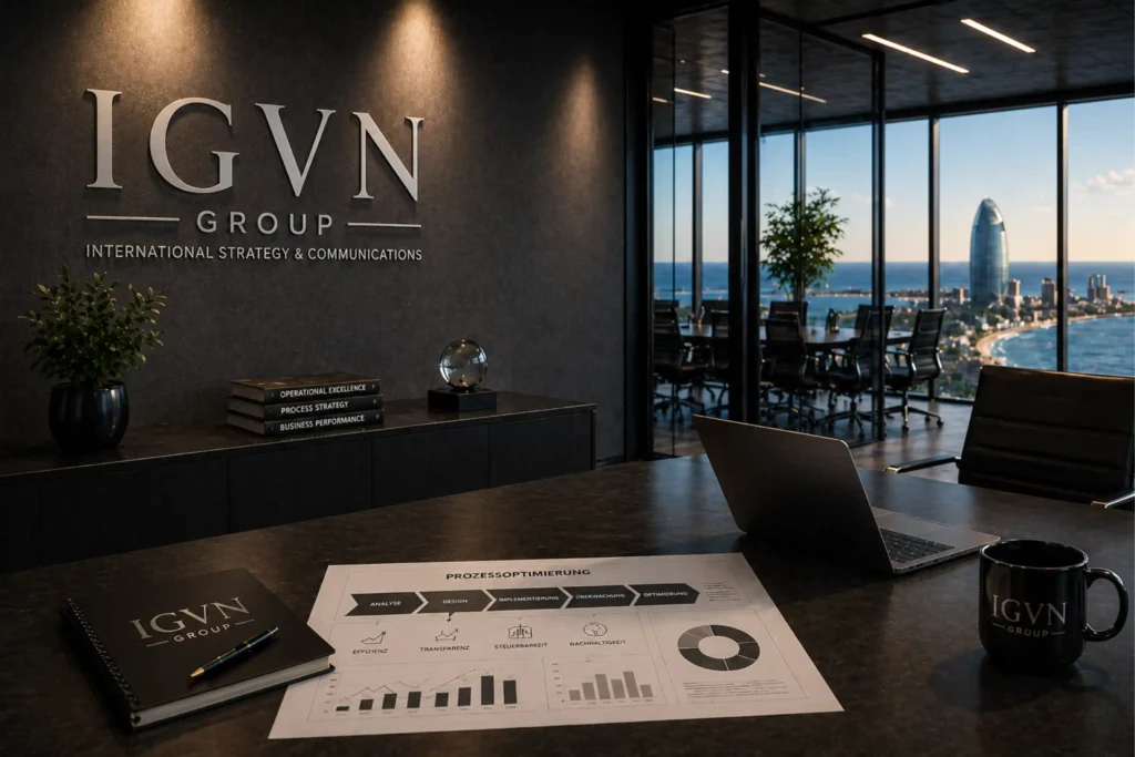 IGVN Group – Prozessoptimierung & Business Performance Modernes Executive-Office mit integriertem IGVN-Branding, Prozessoptimierungs-Dashboard und hochwertiger Business-Umgebung mit Meerblick.