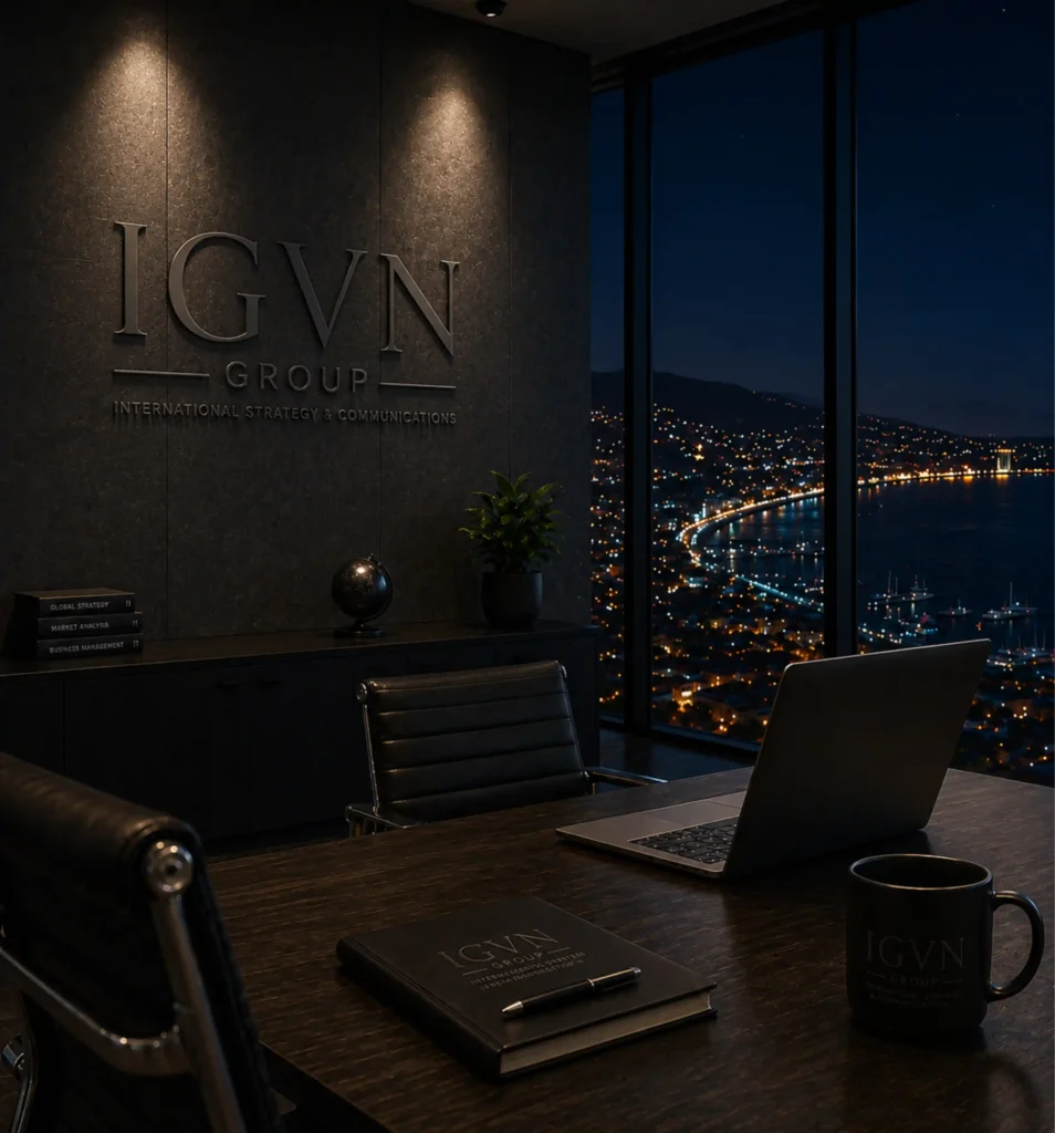 IGVN Group – Executive Strategy & Global Communications Luxuriöses modernes Executive-Office mit geprägtem IGVN-Branding, dunklem Premium-Interior und nächtlichem Panoramablick auf eine beleuchtete Küstenstadt.