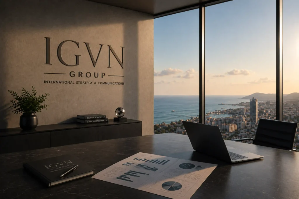 IGVN Group – International Strategy & Corporate Consulting Modernes Executive-Office mit geprägtem IGVN-Branding, minimalistischer Premium-Architektur und Panoramablick auf eine internationale Küstenstadt bei Sonnenuntergang.